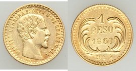 Republic gold Peso 1860-R XF KM179. 13.4mm. 1.68gm. Mintage: 37,000 Two year type. AGW 0.0476 oz.

HID09801242017
