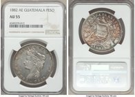 Republic Peso 1882-A.E. AU55 NGC, KM208. Two year type. Reverse toning in shades of teal, orange-peel and burgundy. 

HID09801242017