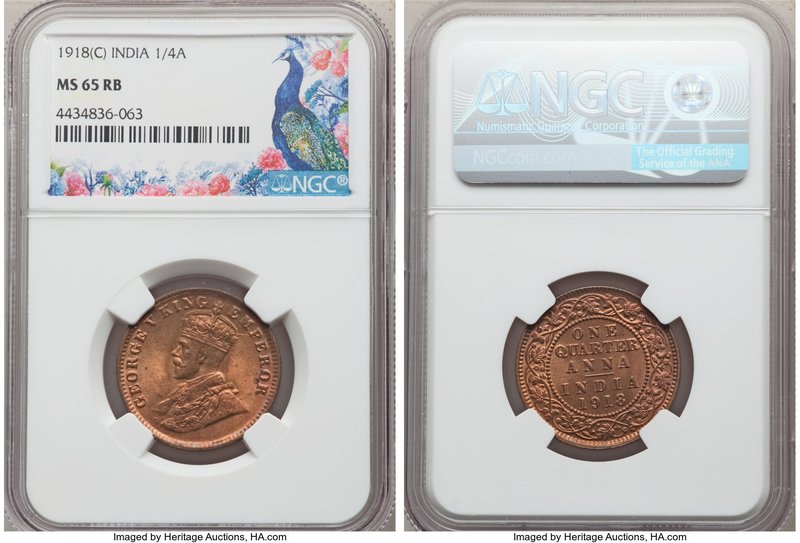 British India. George V 1/4 Anna 1918-(C) MS65 Red and Brown NGC, Calcutta mint,...