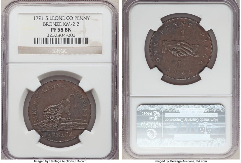 British Colony. Sierra Leone Company bronze Proof Penny 1791 PR58 Brown NGC, KM2...