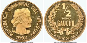 Republic gold Proof 1/2 Gaucho 1992-So PR67 Ultra Cameo NGC, Santiago mint, KM109. Mintage: 375. AGW 0.500 oz. 

HID09801242017