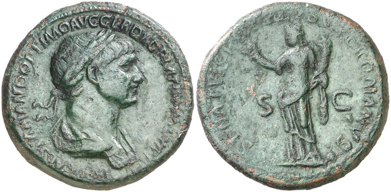 (116 d.C.). Trajano. Sestercio. (Spink 3192) (Co. 352) (RIC. 672). 26,32 g. Ex C...