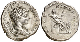 (199 d.C.). Caracalla. Denario. (Spink 6885) (S. 571b) (RIC. 22a). 3,41 g. Rayitas en anverso. MBC+.