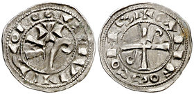 Comtat de Tolosa. Alfons Jordà (1112-1148). Tolosa. Òbol. (Duplessy 1227 var) (P.A. falta var). 0,55 g. La leyenda de anverso empieza a las 6h del rel...