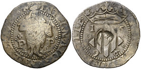 1598. Felipe II. Perpinyà. Doble sou. (Cal. 839) (Cru.C.G. 3806a). 2,94 g. Contramarca: cabeza de San Juan, realizada en 1603. MBC.