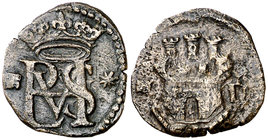s/d (1567-1580). Felipe II. Segovia. D. 1 blanca. (Cal. tipo 483, falta var). 0,93 g. Sin puntos ni estrella sobre el castillo. Buen ejemplar. MBC/MBC...