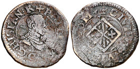 1611. Felipe III. Vic. 1 diner. (Cal. 916 var) (Cru.C.G. 3900a var). 1,33 g. Los 1 de la fecha rectos. BC+.