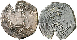 s/d (1603-1606). Felipe III. ¿Burgos?. (Cal. pág. 289). 5,65 g. Resello de valor 8 sobre 4 maravedís de Cuenca 1601. Grieta. (MBC-).