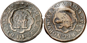 s/d (1603-1606). Felipe III. Cuenca. (Cal. pág. 289). 5,53 g. Resello de valor 8 sobre 4 maravedís de Segovia 1602. (MBC-).