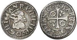 1618. Felipe III. Barcelona. 1/2 croat. (Cal. 541) (Cru.C.G. 4342m). 1,35 g. Defecto de acuñación en anverso. Escasa. (MBC-/MBC).