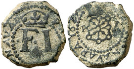 1627. Felipe IV. Pamplona. 4 cornados. (Cal. 1472) (R.Ros 4.5.19, falta var). 4,20 g. FI acotada por puntos. El 2 de la fecha como Z. Rara. MBC.