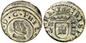 1663. Felipe IV. Madrid. Y. 4 maravedís. (Cal. 1449). 1,22 g. Algo descentrada. MBC+.