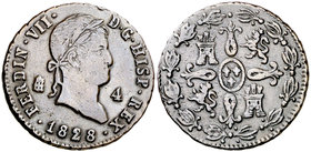 1828. Fernando VII. Segovia. 4 maravedís. (Cal. 1711). 5,25 g. Golpecito. MBC+.