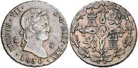 1830. Fernando VII. Segovia. 8 maravedís. (Cal. 1694). 12,29 g. Ex Colección Manuela Etcheverría. MBC+.