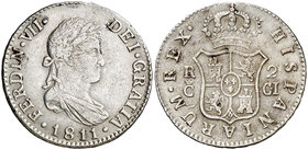 1811. Fernando VII. Cádiz. CI. 2 reales. (Cal. 837). 5,90 g. Marca de ceca grande. Ex Colección Manuela Etcheverría. MBC.