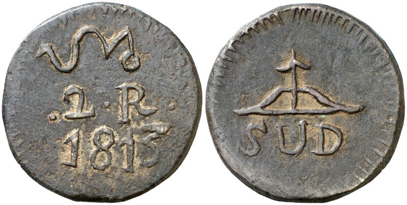 1813. Fernando VII. Morelos. 2 reales. (Cal. 961). 8,19 g. CU. Cospel grueso. Ex...