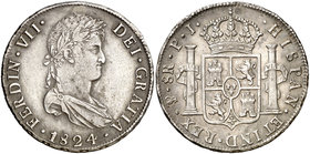 1824. Fernando VII. Potosí. PJ. 8 reales. (Cal. 614 var). 26,95 g. Leves rayitas. Agujero tapado. MBC/MBC+.
