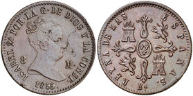 1855. Isabel II. Barcelona. 8 maravedís. (Cal. 470). 9,73 g. Golpecito. Grieta. Ex Colección Manuela Etcheverría. Escasa. (MBC+).