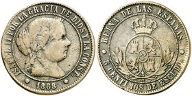 1868. Isabel II. Barcelona. OM. 5 céntimos de escudo. (Barrera 686). 16,54 g. Falsa de época. Cospel de doble grosor. Rara. BC+.