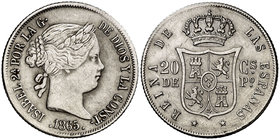 1865. Isabel II. Manila. 20 centavos. (Cal. 457). 5,06 g. Limpiada. Escasa. MBC-.