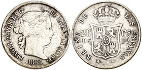 1868. Isabel II. Manila. 20 centavos. (Cal. 460). 5 g. BC+/MBC-.