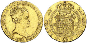 1838. Isabel II. Barcelona. PS. 80 reales. (Cal. 52). 6,77 g. CONSTITUCIÓN. Sirvió como joya. (MBC/MBC+).