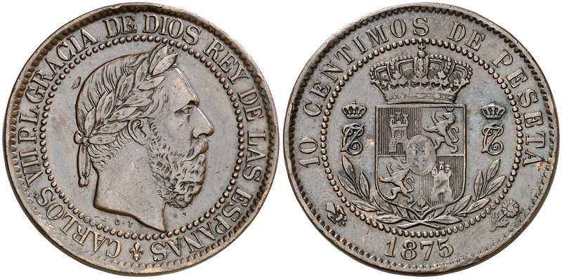 1875. Carlos VII, Pretendiente. Oñate. 10 céntimos. (Cal. 10). 10,27 g. Golpecit...