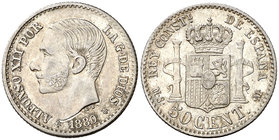 1880*80. Alfonso XII. MSM. 50 céntimos. (Cal. 63). 2,50 g. Parte de brillo original. EBC-.