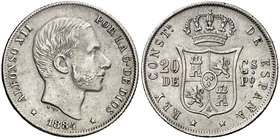 1884. Alfonso XII. Manila. 20 centavos. (Cal. 91). 5,10 g. Leves golpecitos. Buen ejemplar. Rara. MBC+.