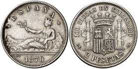 1870*1875. Gobierno Provisional. DEM. 2 pesetas. (Cal. 12). 9,91 g. Rayitas. MBC-.