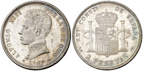 1905*1905. Alfonso XIII. SMV. 2 pesetas. (Cal. 34). 10 g. Leves golpecitos. Bella. EBC+.