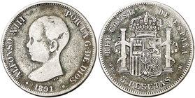 1891*----. Alfonso XIII. PGM. 5 pesetas. (Barrera pág. 193, ver nota). 23,53 g. Falsa de época en plata. Escasa. BC+.