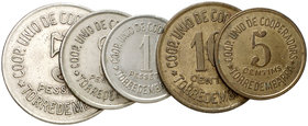 Torredembarra. Cooperativa Unió de Cooperadors. 5, 10 céntimos, 1, 2 y 5 pesetas. (AL. 2541 a 2545). Lote de 5 monedas. MBC-/MBC.