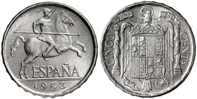 1953. Estado Español. 5 céntimos. (Cal. 136). 1,17 g Escasa. S/C.