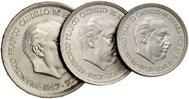 1957. Estado Español. BA (Barcelona). 5, 25 y 50 pesetas. (Ed. 139). Serie completa de 3 monedas. S/C-.