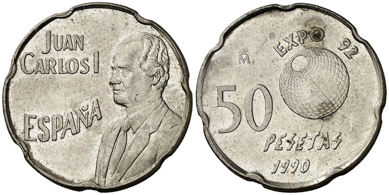 1990. Juan Carlos I. 50 pesetas. (Cal. 68 var). 5,57 g. Error del pantógrafo. EB...