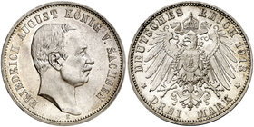 1913. Alemania. Sajonia-Albertine. Federico Augusto III. E (Muldenhutten). 3 marcos. (Kr. 1267). 16,68 g. AG. EBC.
