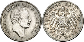 1914. Alemania. Sajonia-Albertine. Federico Augusto III. E (Mildenhutten). 5 marcos. (Kr. 1266). 27,82 g. AG. Bella. Pátina. EBC.