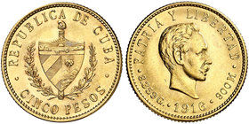 1916. Cuba. 5 pesos. (Fr. 4) (Kr. 19). 8,34 g. AU. EBC.