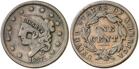 1837. Estados Unidos. 1 centavo. (Kr. 45). 10,67 g. CU. Contramarca en anverso. MBC.