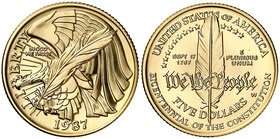 1987. Estados Unidos. W (West Point). 5 dólares. (Fr. 198). AU. Bicentenario de la Constitución. En estuche oficial. Con certificado. S/C.