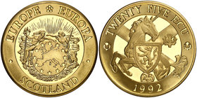 1992. Europa. Escocia. 25 ecu. (Kr.UWC falta). 18,49 g. Bronce dorado. Unicornio y cruz de San Andrés. S/C.