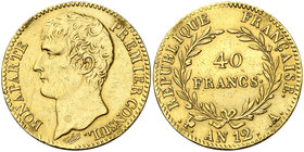 A 12. Francia. Napoleón. A (París). 40 francos. (Fr. 479) (Kr. 652). 12,89 g. AU. Sirvió como joya. (MBC).