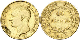 1806. Francia. Napoleón. A (París). 40 francos. (Fr. 481) (Kr. 675.1). 12,75 g. AU. Hoja. MBC-.