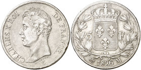 1826. Francia. Carlos X. M (Toulouse). 5 francos. (Kr. 720.9). 24,87 g. AG. MBC-/MBC.