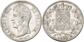 1830. Francia. Carlos X. A (París). 5 francos. (Kr. 728.1). 24,88 g. AG. MBC/MBC+.