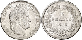 1835. Francia. Luis Felipe I. A (París). 5 francos. (Kr. 749.1). 25 g. AG. MBC.