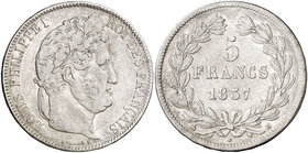 1837. Francia. Luis Felipe I. B (Rouen). 5 francos. (Kr. 749.2). 24,75 g. AG. MBC.