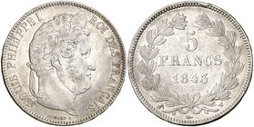 1843. Francia. Luis Felipe I. W (Lille). 5 francos. (Kr. 749.3). 24,96 g. AG. MBC.