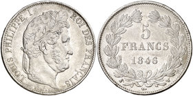 1846. Francia. Luis Felipe I. W (Lille) 5 francos. (Kr. 749.13). 25 g. AG. MBC.